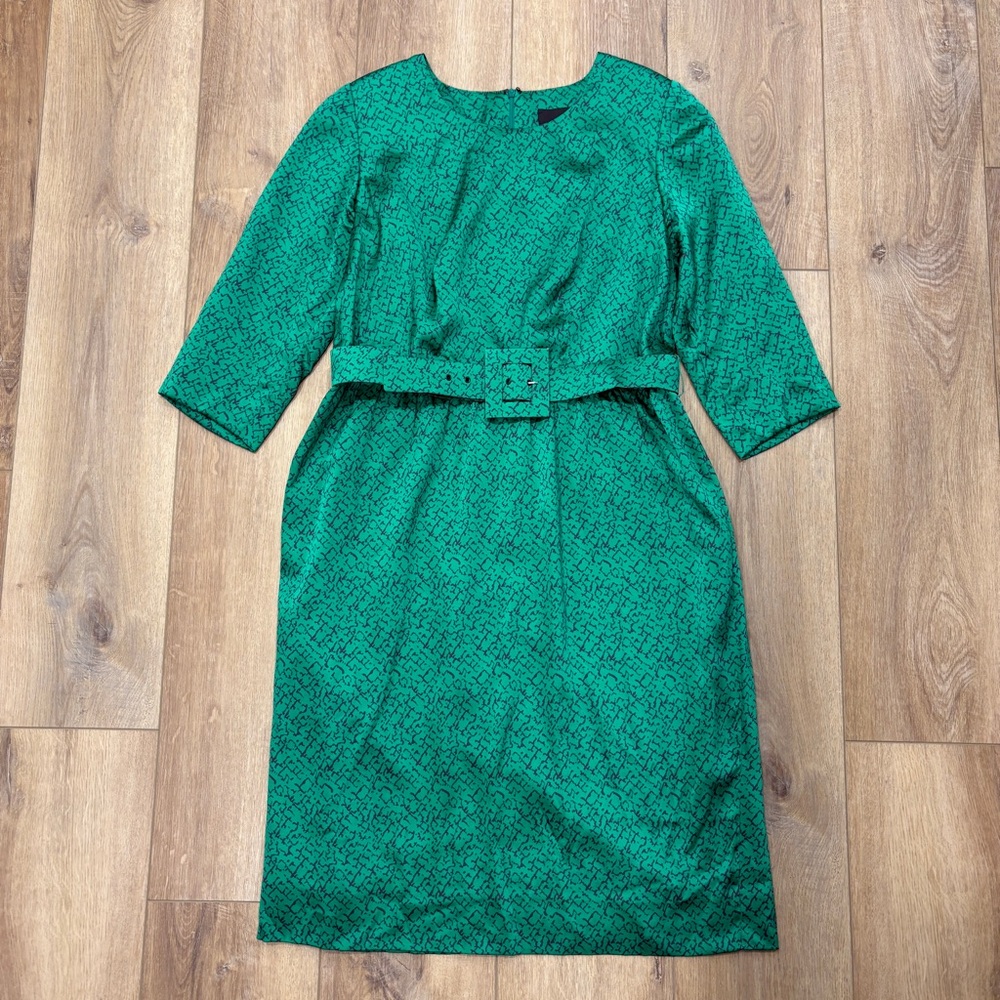 VTG! 🌟STEWART PARVIN🌟SILK LONG SLEEVE PRINTED BELTED SHEATH DRESS GREEN SZ 10